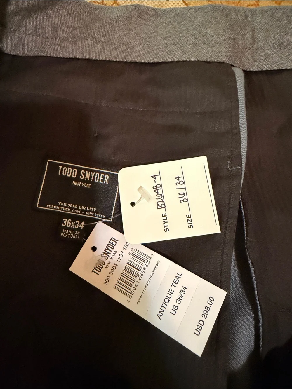 Todd Synder New York Men’s 100% Linen Slacks, Gray, Flat Front, NWT, Sz 36 x 34